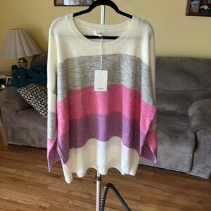 Soft crew neck sweater (no wool) pink/grey/purple/ white stripes